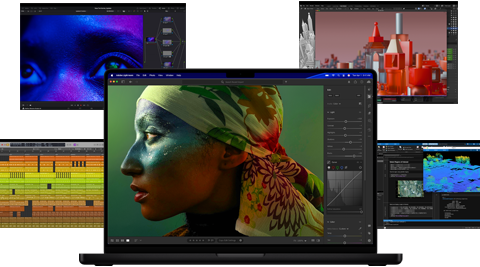 Una serie di schermate colorate provenienti da app per la produzione musicale, il montaggio video, l’animazione 3D e l’editing fotografico su Mac per mostrare le sue potenti prestazioni grafiche