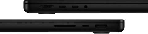 Le porte di MacBook Pro: lato sinistro, porta MagSafe 3, due porte Thunderbolt e jack cuffie; lato destro, slot SDXC card, una porta Thunderbolt e porta HDMI