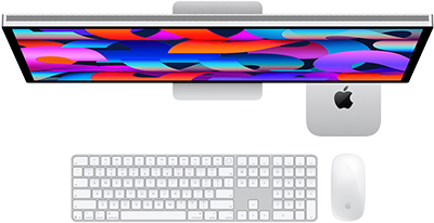 Mac mini sotto a uno Studio Display, Magic Keyboard con tastierino numerico, Magic Mouse