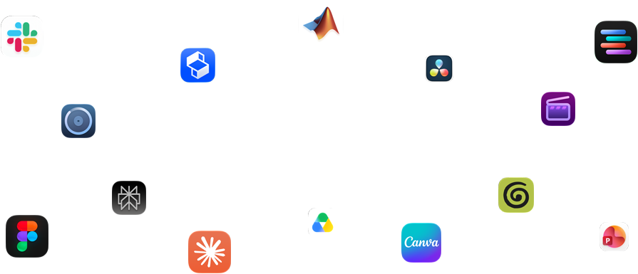 Varie icone di app disposte intorno a un testo che recita: macOS mette il turbo alle app