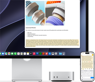 Mac mini mostrato di fronte, posizionato sotto a Studio Display, a destra del dispositivo e dello schermo c’è un iPhone; il testo selezionato sull’iPhone, con i comandi Taglia, Copia, Incolla e Inserimento automatico appena sopra, corrisponde al testo evidenziato sullo Studio Display, per mostrare la funzione Appunti condivisi