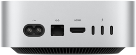 Mac mini mostrato da dietro, porta di alimentazione, porta Ethernet, porta HDMI, tre porte Thunderbolt