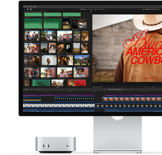 Mac mini abbinato a Studio Display, lo schermo mostra il cartello di un film intitolato Black American Cowboy a destra, e a sinistra una serie di immagini