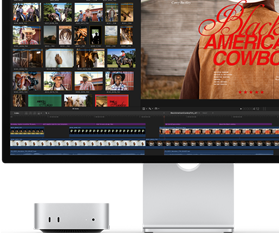 Mac mini abbinato a Studio Display, lo schermo mostra il cartello di un film intitolato Black American Cowboy a destra, e a sinistra una serie di immagini