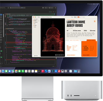 Studio Display XDR, lo schermo mostra un documento elaborato con Claude Agent in XCode; Mac Studio mostrato di fronte