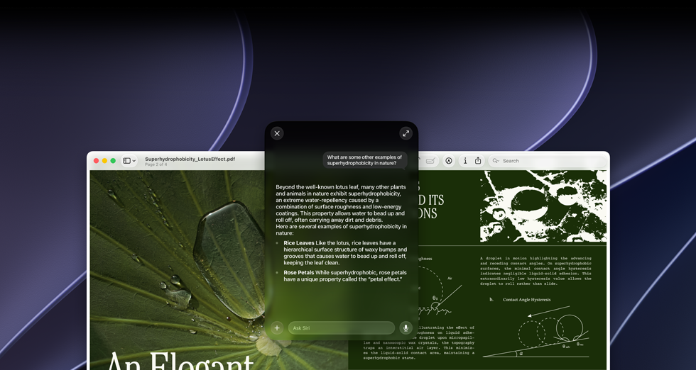 Dimostrazione di Siri e dell’intelligenza visiva, richiesta dell’utente su un argomento trattato in un PDF sullo schermo di un Mac, la domanda chiede altri esempi di superidrofobicità in natura, Siri risponde
