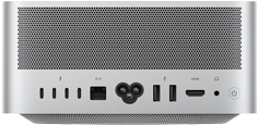 Mac Studio, pannello posteriore, griglia di ventilazione in alluminio perforato, quattro porte Thunderbolt 5, porta Ethernet, porta di alimentazione, due porte USB-A, porta HDMI, jack per cuffie e tasto di accensione