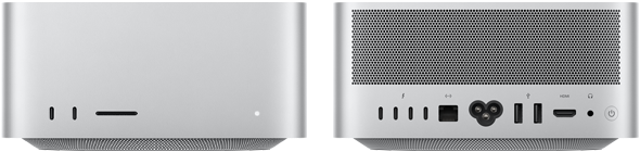 Mac Studio mostrato di fronte, due porte USB-C, slot SDXC card, indicatore di stato, base affusolata, pannello superiore piatto, lati arrotondati, bordi dritti, color argento; Mac Studio mostrato da dietro, griglia di ventilazione in alluminio perforato, quattro porte Thunderbolt 5, porta Ethernet, porta di alimentazione, due porte USB-A, porta HDMI, jack cuffie e tasto di accensione
