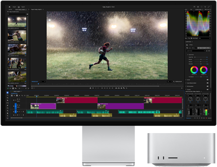 Studio Display XDR con supporto integrato, Mac Studio sta comodamente sotto al monitor, sullo schermo c’è un flusso di lavoro con strumenti per il montaggio video e il color grading