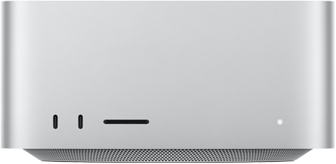 Mac Studio, pannello anteriore, due porte USB-C, slot SDXC card, indicatore di stato, base affusolata, pannello superiore piatto, lati arrotondati, bordi dritti, color argento